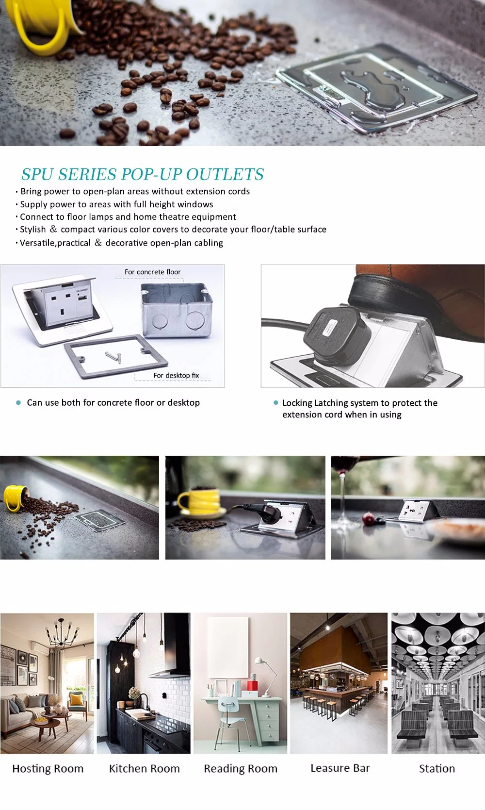 Pop-up Power Socket for Floor, Desk, Kitchen (SPU-5) , Colors &Modules: Optional